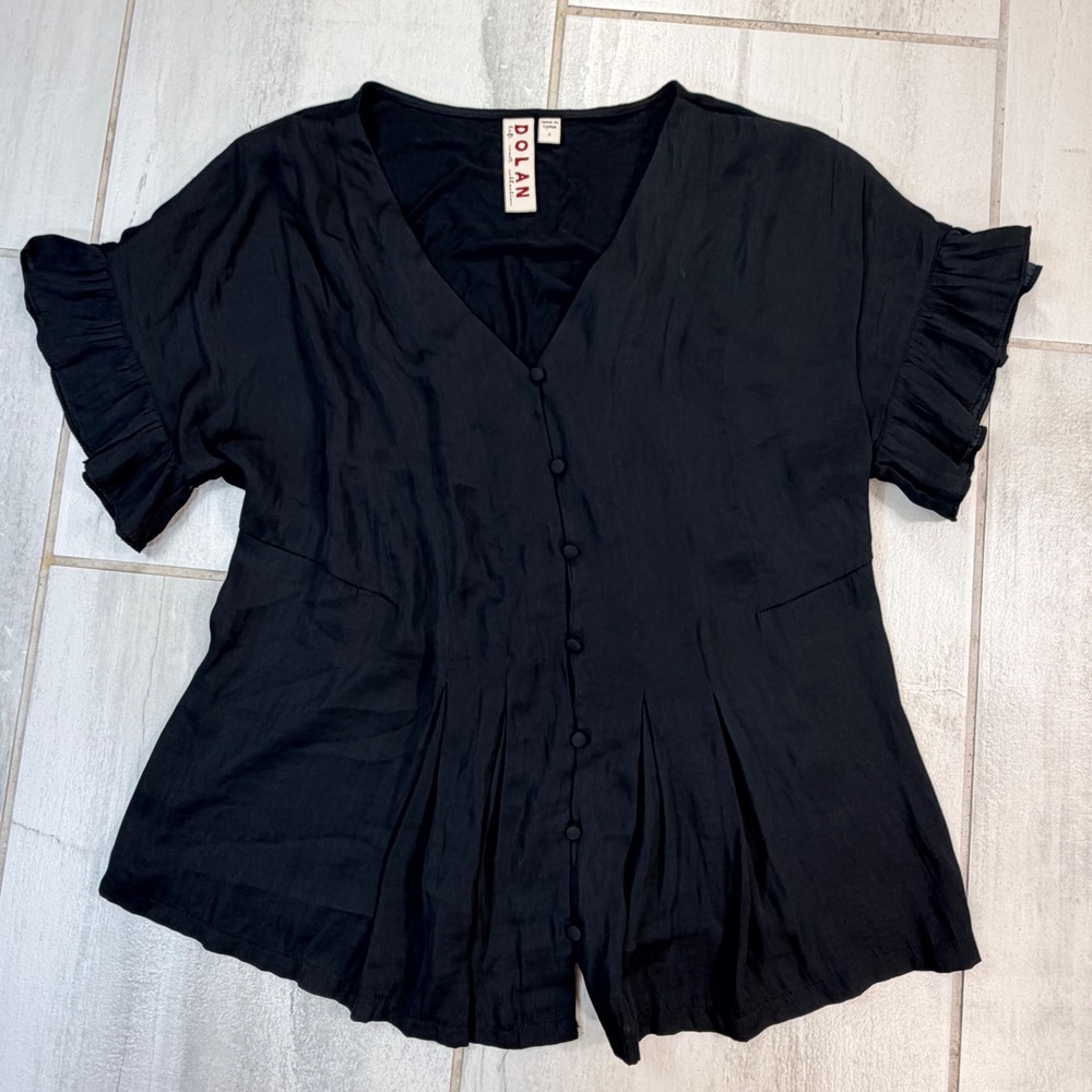 Dolan Left Coast Collection Black Ruffle Sleeve V-Neck Button Front Blouse S